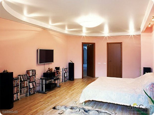 Спальня с интересной подсветкой потолка