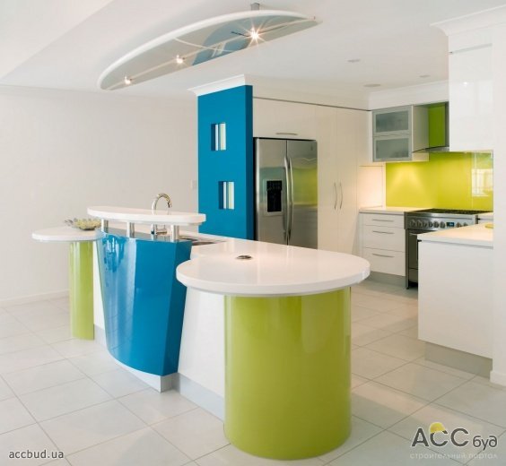 Кухня с яркой зелёной и голубой мебелью