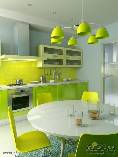 Светлый круглый стол для зелёной кухни
