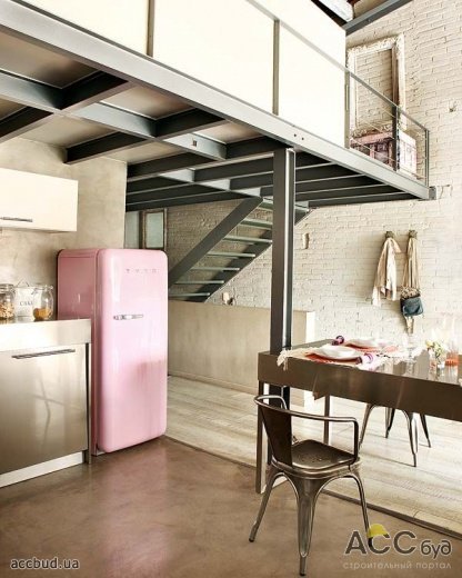 Холодильник розового цвета в винтажном интерьре