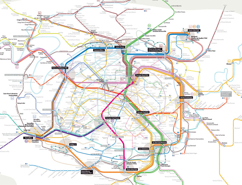 Транспортная схема проекта команды Ж. Нувеля, включающая скоростной поезд, скоростное и обычное метро, а также трамвай