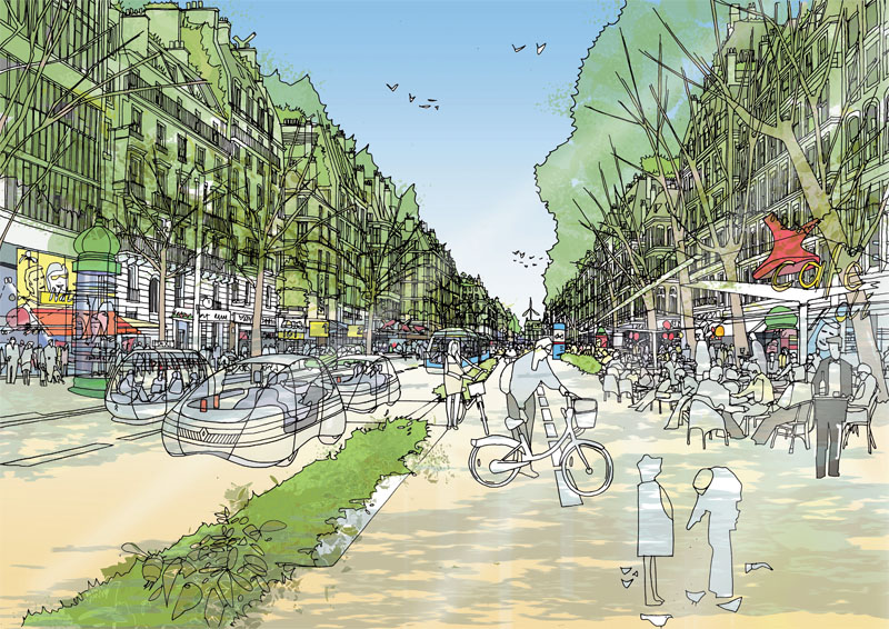 Новый образ Парижских бульваров, которые должны стать более пешеходоцентричными и зелеными. (© Rogers Stirk Harbour + Partners)