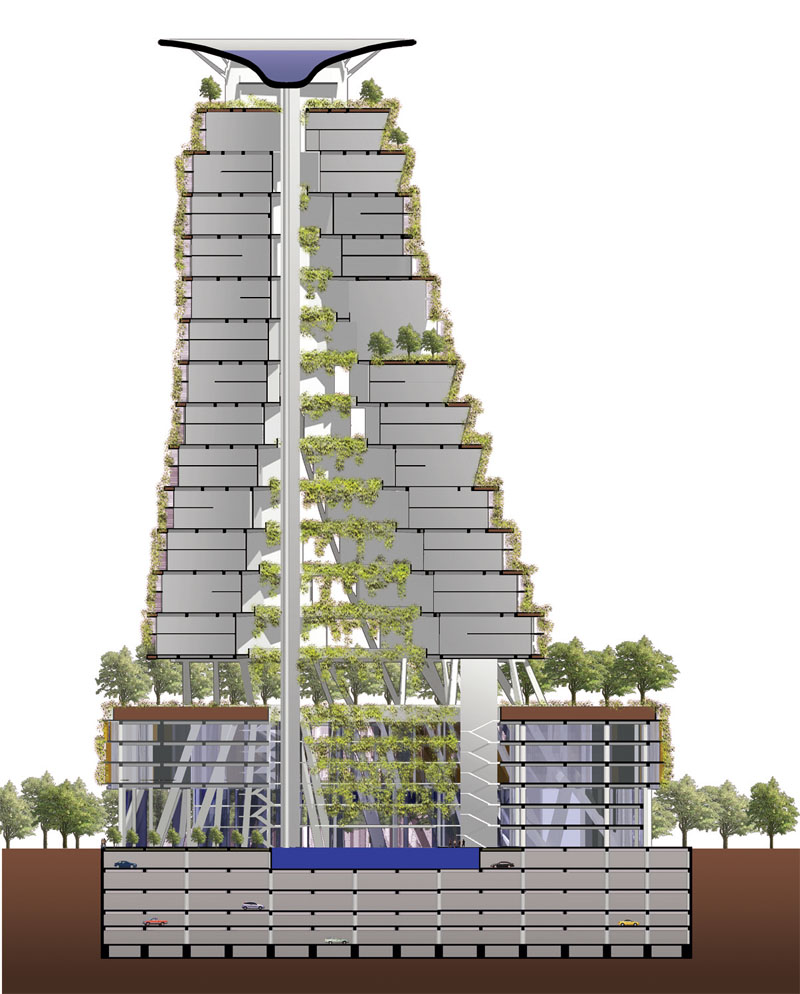 Башня Equine Tower. Разрез (Пинанг, Малайзия, 2004) Часть проекта «Пики Пинанга», направленного на создание высокодифференцированного устойчивого архитектурного пространства, состоящего из «гиперзеленых» зданий, абсолютно автономных в водоснабжении и утилизации отходов